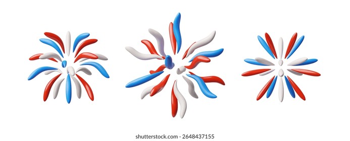 Luz cintilante, brilhante, explosão de fogo de artifício conjunto de vetor estilo plástico 3D. Símbolo festivo do dia da Independência Americana. Desenho animado vermelho, azul e branco cores, saudação explosiva
