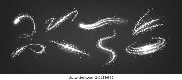 Sparkling Light Waves, Vector Black and White Graphic Elements. Energy, Fluidity, And Luminosity Dynamic Curve Lines