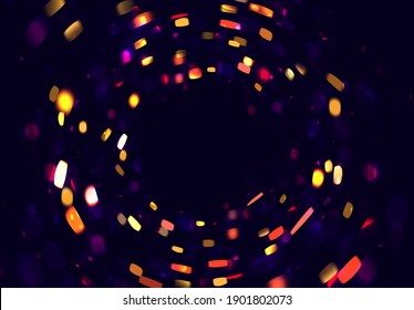 Sparkling lights forming round frame in the night space, golden confetti blured in motion, festive decorative background or banner backdrop, magic lights