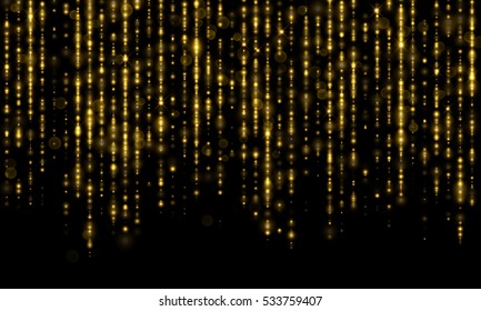 Sparkling lines of gold particles with shimmering light blurs. Luxury golden sparkling glitter threads of curtain backdrop of shiny sequins or fashion strass drops for Christmas, New Year decor