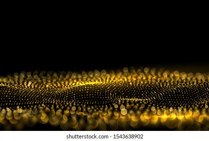 Sparkling luminous Gold Stars Beautiful 3d Wave Shaped Array of Blended Points Star Dust Sparks in Explosion on Black Background. Glitter particles effect. Vector Illustration