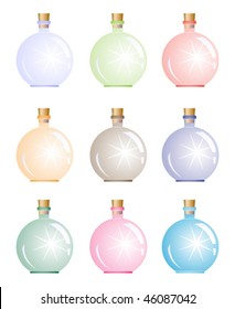 Sparkling magic bottle. Bright vector illustration set