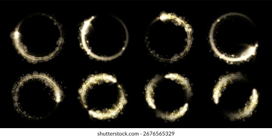 Espumante círculo mágico. Anéis luminosos brilhantes com rastro de poeira de estrela brilhante e partículas de halo de bokeh. Quadros em espiral dourada, linhas de redemoinho brilhante com conjunto de vetores isolado de poeira de estrela mágica.