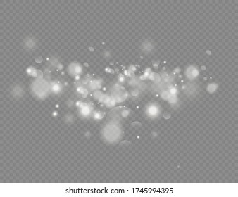 Las mágicas partículas de polvo resplandecientes aparecen aisladas en un fondo transparente, las chispas de polvo blanco y el brillo de las estrellas con una luz especial, el efecto de luz brillante de Navidad, las luces brillantes, el destello, el vector.