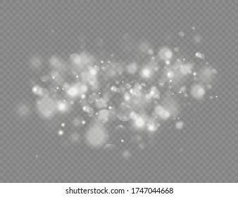 Las mágicas partículas de polvo resplandecientes aparecen aisladas en un fondo transparente, las chispas de polvo blanco y el brillo de las estrellas con una luz especial, el efecto de luz brillante de Navidad, las luces brillantes, el destello, el vector.