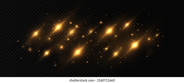 Sparkling magic dust particles. Bokeh effect. Yellow dust. Shiny golden background. 