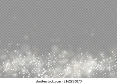 Las mágicas partículas de polvo resplandecientes aparecen en fondo transparente, efecto de luz brillante de Navidad, brillo, luces brillantes, chispas de polvo blanco y brillo de estrella con luz especial, ilustración vectorial.