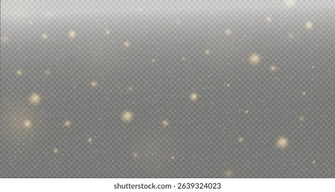 Sparkling magic dust particles bokeh on transparent background, dust sparks and stars shine with special light, Christmas light effect sparkle, glitter, glow lights, vector illustration.