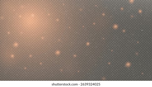 Sparkling magic dust particles bokeh on transparent background, dust sparks and stars shine with special light, Christmas light effect sparkle, glitter, glow lights, vector illustration.