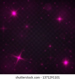 Sparkling magic dust particles. Glowing purple, pink light effects isolated on transparent background. Christmas abstract pattern.