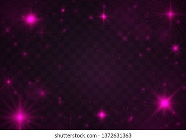Sparkling magic dust particles. Glowing purple, pink light effects isolated on transparent background. Christmas abstract pattern.