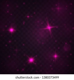 Sparkling magic dust particles. Glowing purple, pink light effects isolated on transparent background. Christmas abstract pattern.