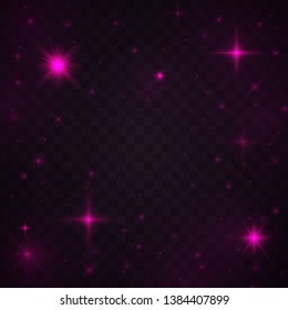 Sparkling magic dust particles. Glowing purple, pink light effects isolated on transparent background. Christmas abstract pattern.