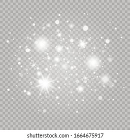Sparkling magic dust particles. Glowing light effect with many glitter particles isolated on transparent background.Dust white. Magic christmas decoration. Beautiful sparks shine with special light.
