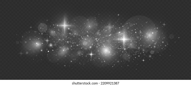 Esparcen partículas mágicas de polvo. Efecto de partículas de polvo brillante. Las chispas blancas y las estrellas brillan con un efecto luminoso especial.