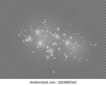 Sparkling magic dust particles on transparent background. White sparks and golden stars shine with special light. Christmas abstract pattern. White sparkles shiny special light effect. Vector.