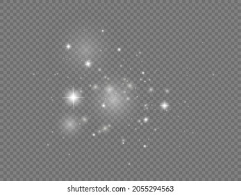Sparkling magic dust particles on transparent background. White sparks and golden stars shine with special light. Christmas abstract pattern. White sparkles shiny special light effect. Vector.