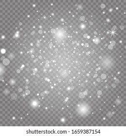 Sparkling magic dust particles. White sparks and stars glitter special light effect. Christmas abstract pattern. Vector sparkles on transparent background.