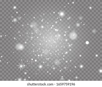 Sparkling magic dust particles. White sparks and stars glitter special light effect. Christmas abstract pattern. Vector sparkles on transparent background.