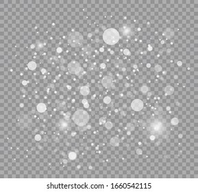 Sparkling magic dust particles. White sparks and stars glitter special light effect. Christmas abstract pattern. Vector sparkles on transparent background.