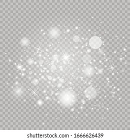 Sparkling magic dust particles. White sparks and stars glitter special light effect. Christmas abstract pattern. Vector sparkles on transparent background.