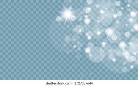 Sparkling magic dust particles. White sparks and stars glitter special light effect. Christmas abstract pattern. Vector sparkles on transparent background.