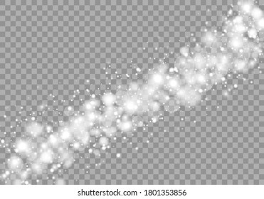 Sparkling magic dust particles. White sparks and stars shine with special light. Christmas abstract pattern. Vector starry cloud with dust  on transparent background. Vector illustration, EPS 10.