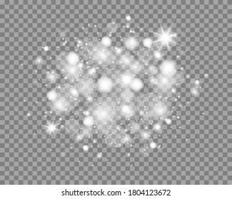 Sparkling magic dust particles. White sparks and stars shine with special light. Christmas abstract pattern. Vector starry cloud with dust  on transparent background. Vector illustration, EPS 10.
