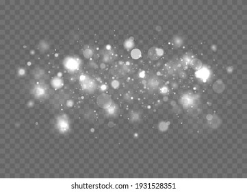 Sparkling magic dust particles. White sparks and stars glitter special light effect. Christmas abstract pattern. Vector sparkles on transparent background.