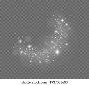 Sparkling magic dust particles. White sparks and stars glitter special light effect. Christmas abstract pattern. Vector sparkles on transparent background.