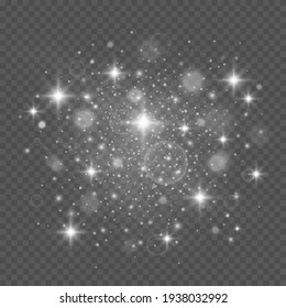 Sparkling magic dust particles. White sparks and stars glitter special light effect. Christmas abstract pattern. Vector sparkles on transparent background.