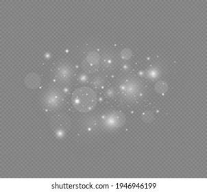 Sparkling magic dust particles. White sparks and stars glitter special light effect. Christmas abstract pattern. Vector sparkles on transparent background.