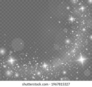 Sparkling magic dust particles. White sparks and stars glitter special light effect. Christmas abstract pattern. Vector sparkles on transparent background.