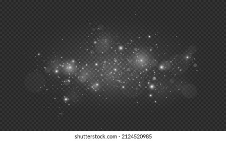 Sparkling magic dust particles. White sparks and stars glitter special light effect. Christmas abstract pattern. Vector sparkles on transparent background.