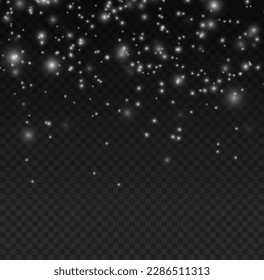 Sparkling magic dust particles. White sparks on transparent background. Christmas sparkl light effect, shine lights. Lens flare sparkles or shiny glittering glowing stars. Vector illustration.