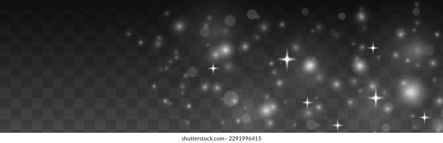 Sparkling magic dust particles. White sparks on transparent background. Christmas sparkl light effect, shine lights. Lens flare sparkles or shiny glittering glowing stars. Vector illustration.
