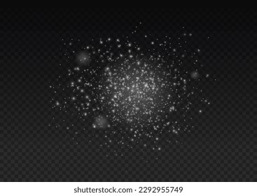 Sparkling magic dust particles. White sparks on transparent background. Christmas sparkl light effect, shine lights. Lens flare sparkles or shiny glittering glowing stars. Vector illustration.