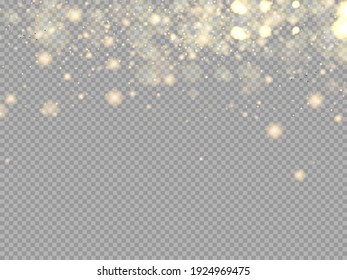 Esparcen partículas mágicas de polvo. Polvo amarillo, chispas amarillas y estrellas doradas brillan con luz especial. Resumen de Navidad efecto de luz elegante sobre un fondo transparente. Ilustración del vector, EPS 10.