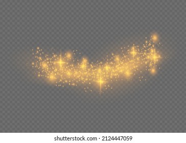 Sparkling magic dust particles. Yellow dust yellow sparks and golden stars shine with special light. Christmas abstract stylish light effect on a transparent background. Christmas abstract pattern.