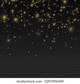 Sparkling magic dust particles. Yellow sparks on transparent background. Christmas sparkl light effect, shine golden lights. Lens flare sparkles or shiny glittering glowing gold stars vector