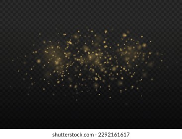 Sparkling magic dust particles. Yellow sparks on transparent background. Christmas sparkl light effect, shine golden lights. Lens flare sparkles or shiny glittering glowing gold stars vector