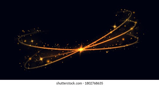 Sparkling magic dust particles.Yellow dust yellow sparks and golden stars shine with special light. Dynamic golden trail. Christmas light effect. Glittering bright trail on black background.