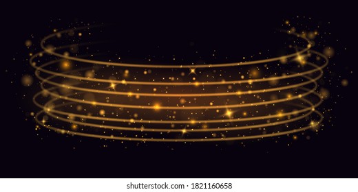 Sparkling magic dust particles.Yellow dust yellow sparks and golden stars shine with special light. Dynamic golden trail. Christmas light effect. Glittering bright trail on black background.