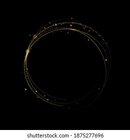 Zauberhafte Staubpartikel.Gelbe Stäube Gelbe Funken und goldene Sterne leuchten mit besonderem Licht. Dynamischer goldener Weg. Weihnachtslicht-Effekt. Glitzernder, heller Weg auf schwarzem Hintergrund.