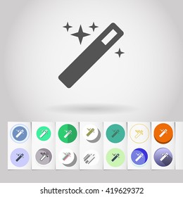 Sparkling magic wand instrument buttons set. Round icons on paper decoration