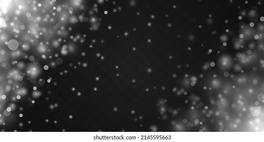 Espumosa nieve blanca mágica. Nube de puntos de plata borrosos aleatorios. Las partículas de polvo brillantes y finas se caen ligeramente. Estrellas de luces brillantes vectores, destellos. La luz de Navidad fastidia el confetti o la chispa. 