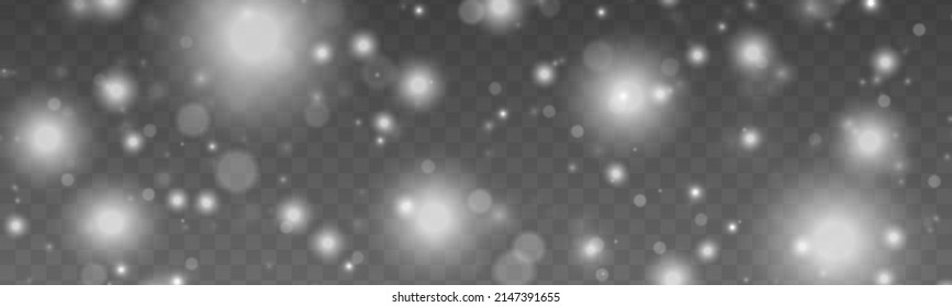 Sparkling magic white snow. Cloud of random blurry silver spots. Fine, shiny dust particles fall off slightly. Vector glowing lights stars, sparkles. Christmas light bokeh confetti or spark. 
