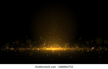 Sparkling magical dust and golden particles on black background. Glitter and elegant for Christmas. Magic concept. Abstract bokeh effect. Vector