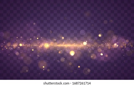 Sparkling magical dust and golden particles on transparent background. Glitter and elegant for Christmas. Magic concept. Abstract bokeh effect. Vector