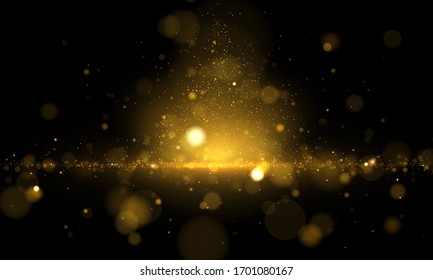 Sparkling magical dust and golden particles on black background. Glitter and elegant for Christmas. Magic concept. Abstract bokeh effect. Vector